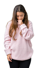 Wall Mural - Young beautiful brunette woman wearing pink winter sweater over isolated background feeling unwell and coughing as symptom for cold or bronchitis. Healthcare concept.