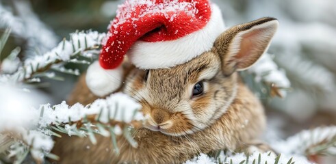 Wall Mural - Cute Bunny Wearing Santa Hat in Snowy Forest