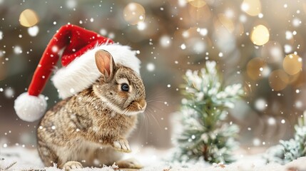 Wall Mural - Cute Bunny in a Santa Hat in Winter Wonderland