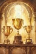 © ItziesDesign - Golden trophies displayed on a stone shelf in a beautiful arched setting, representing achievement and success.