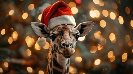 Poster - Giraffe Wearing a Santa Hat for Christmas