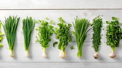 Sticker - Chives standing out among a lineup of flawless herbs on a wooden background