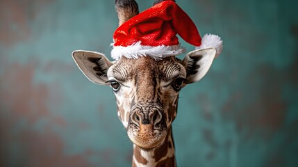 Poster - Giraffe wearing Santa hat