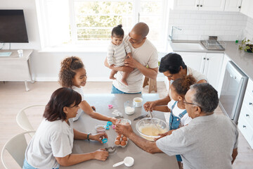 Wall Mural - Family, kitchen and ingredients for baking together in home, teaching grandchildren and cooking. People, helping and education for child development, generations bonding and above support for meal