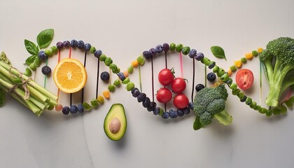 Nutrigenetics DNA strand concept is made with healthy fresh vegetables and fruits