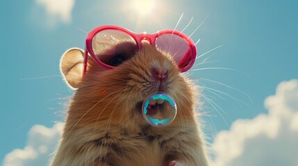 Wall Mural - Cute Hamster Wearing Sunglasses Blowing Bubbles