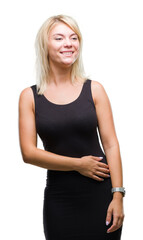 Wall Mural - Young beautiful blonde attractive woman wearing elegant dress over isolated background looking away to side with smile on face, natural expression. Laughing confident.