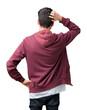 © Krakenimages.com - Young handsome man over isolated background Backwards thinking about doubt with hand on head