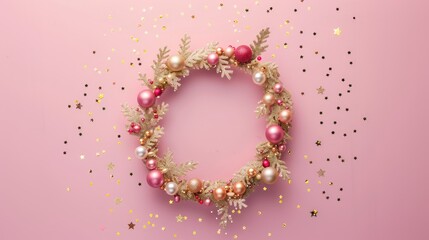 Poster - Minimalist Christmas wreath with gold confetti on pastel pink