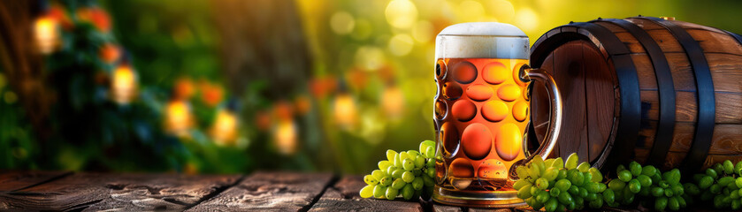 Wall Mural - A glass of beer is on a table next to a barrel of beer