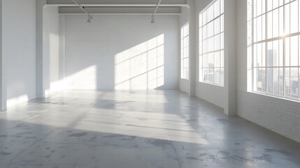 Wall Mural - A bright, white empty room with large windows and a polished concrete floor. Sunlight streams through the window, casting soft shadows on one side of the wall.