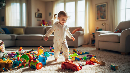 A young girl in a white jumpsuit joyfully navigates a colorful, scattered array of toys on the plush carpet of a sunlit living room