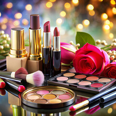 Sticker - makeup brushes and lipstick with flowers. cosmetics and beauty