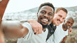 © peopleimages.com - Portrait, selfie and friends outdoor for fitness, exercise or workout together for health in nature. Sport, diversity and face of happy group of men with picture for training, bonding and wellness