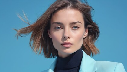 Beautiful skinny model French style woman with beauty skin in fashionable modern clothes on blue background. Generative AI