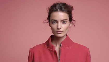 Beautiful skinny model French style woman with beauty skin in fashionable modern clothes on powdery pink background. Generative AI