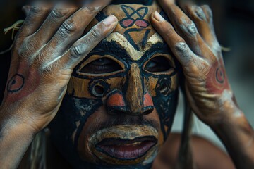 a man with a tribal mask on his face