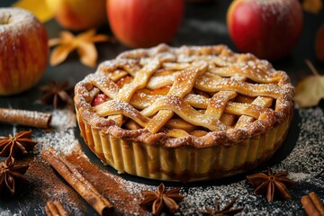 Wall Mural - apple pie on a black background, apples and cinnamon