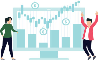 Wall Mural - Boy and girl working on an analytical graph of dollars.