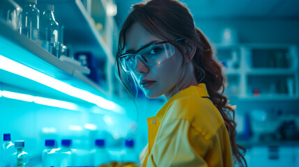 Poster - Woman with cleaning gloves, cleaning a lab