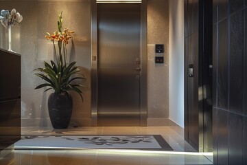 Wall Mural - Interior of hotel corridor with elevator.