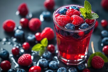 Poster - a glass of raspberry juice with berries on a dark background