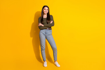 Sticker - Full length photo of lovely teen lady crossed hands confident dressed stylish khaki garment isolated on yellow color background