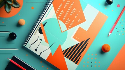 Wall Mural - A spiral bound notebook with a colorful design sits on a table with a pencil and a ball. The notebook is decorated with a variety of shapes and colors, and it is a creative and fun design