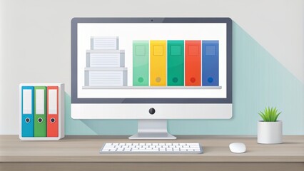 Minimalist white desktop interface window with colorful folders and files organized neatly in a simple flat vector illustration style.