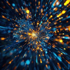 Leinwandbilder - Abstract light burst with vibrant blue and orange colors, depicting a dynamic and energetic explosion of particles.