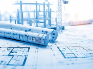 rolled blueprints on a table with construction plans and a building site background, symbolizing arc