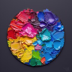 Poster - Vibrant abstract circular palette with multi-colored paint strokes in red, blue, yellow, and purple on a dark background.