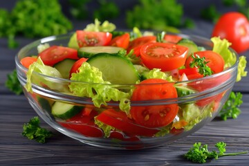 Sticker - a salad with tomatoes, cucumbers and herbs on a wooden table