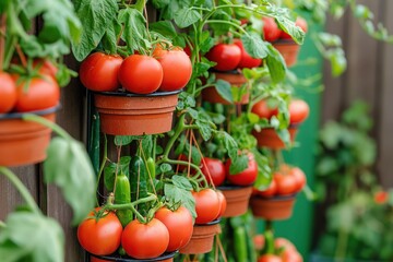 Poster - tomato plants growing in pots on a wall