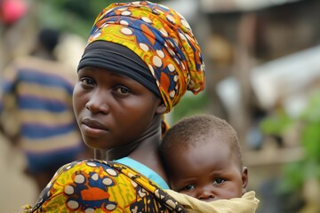 Canvas Print - a woman carrying her child in a sling, the caption reads a mother carrying her child in a sling