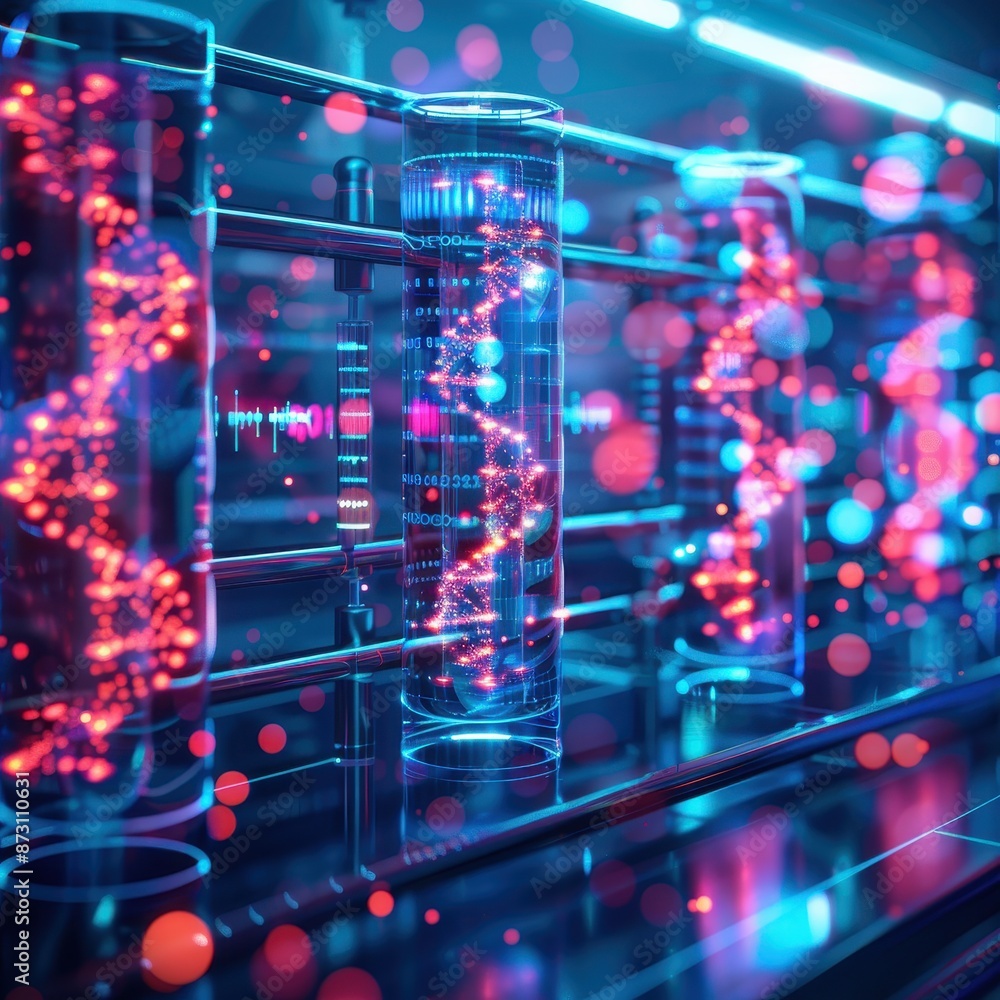 Futuristic laboratory with glowing DNA strands in glass tubes ...