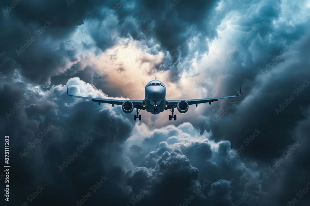 Dramatic view of an airplane flying through stormy clouds with a beam ...