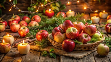 Fresh, crisp, and juicy peeled apples arranged artfully on a rustic wooden table surrounded by lush greenery and warm lighting.