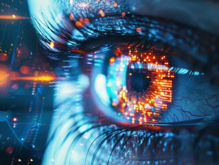 Aufkleber - Close-up of a human eye with a futuristic digital interface overlay, representing technology, innovation, and data visualization.