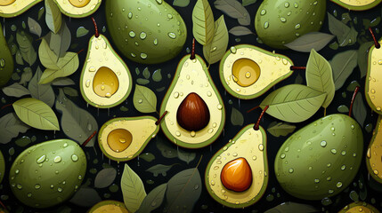 Wall Mural - A pattern featuring avocados in various stages of being halved and whole, with detailed seeds and droplets.