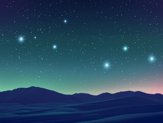 Wall Mural - Pleiades star cluster, modern minimalistic graphic illustration of a beautiful night sky with seven shining star on a mountain landscape, blue and green gradient, celebrating the matariki star holiday