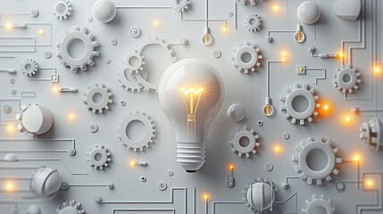 Wall Mural - a conceptual image featuring a lit light bulb surrounded by interconnected gears and circuits, symbo