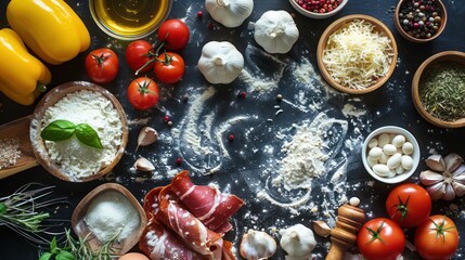 Wall Mural - Freshly Made Italian Pizza: Ingredients Prepared on Black Table