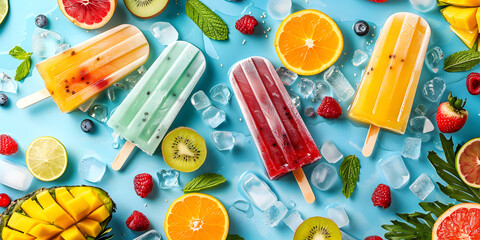 Imagen de fondo de varias paletas de hielo de distintos sabores adornado de frutas y hojas frutales en un fondo azul con hielo 