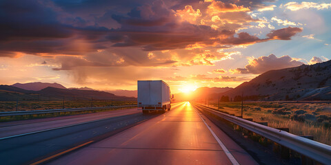 Imagen de una carretera al atardecer y un trailer de fondo 