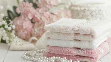 Canvas Print - Stack of delicate white and pink towels with lace pearls and flowers in the background