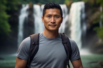 Wall Mural - Portrait of a tender asian man in his 30s sporting a breathable hiking shirt isolated in backdrop of a spectacular waterfall