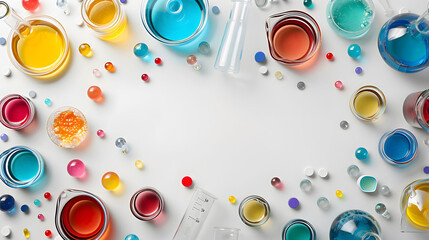 Assorted colorful laboratory glassware and chemicals on white background, ideal for science and research-related themes.