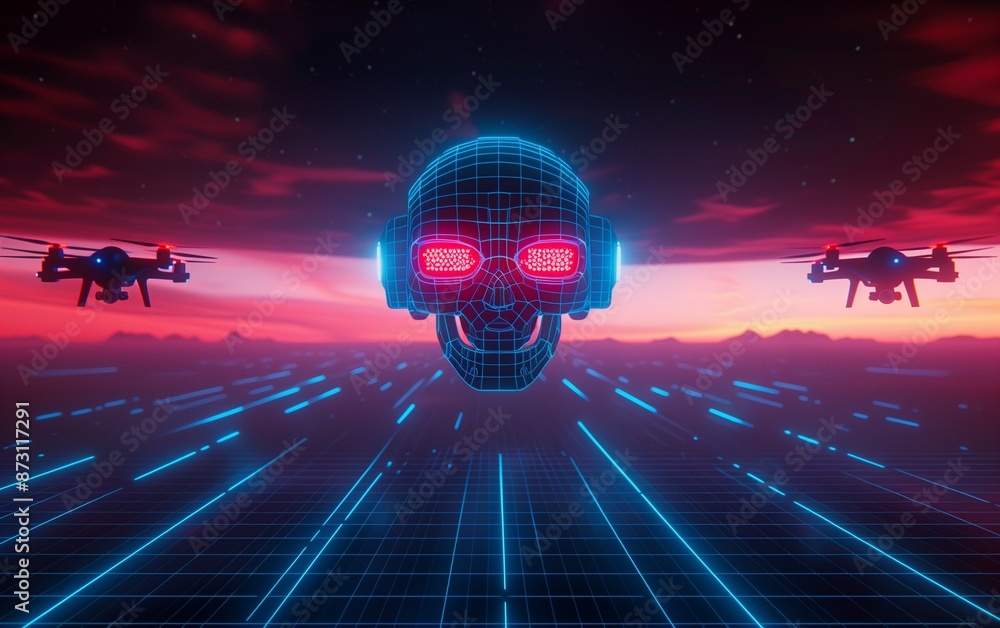 3D wireframe hologram of flying drones with glowing red eyes, in the ...