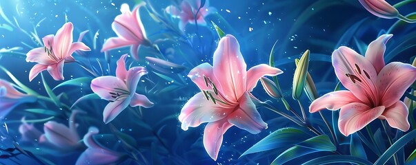 Canvas Print - Pink Lilies on a Blue Background Illustration